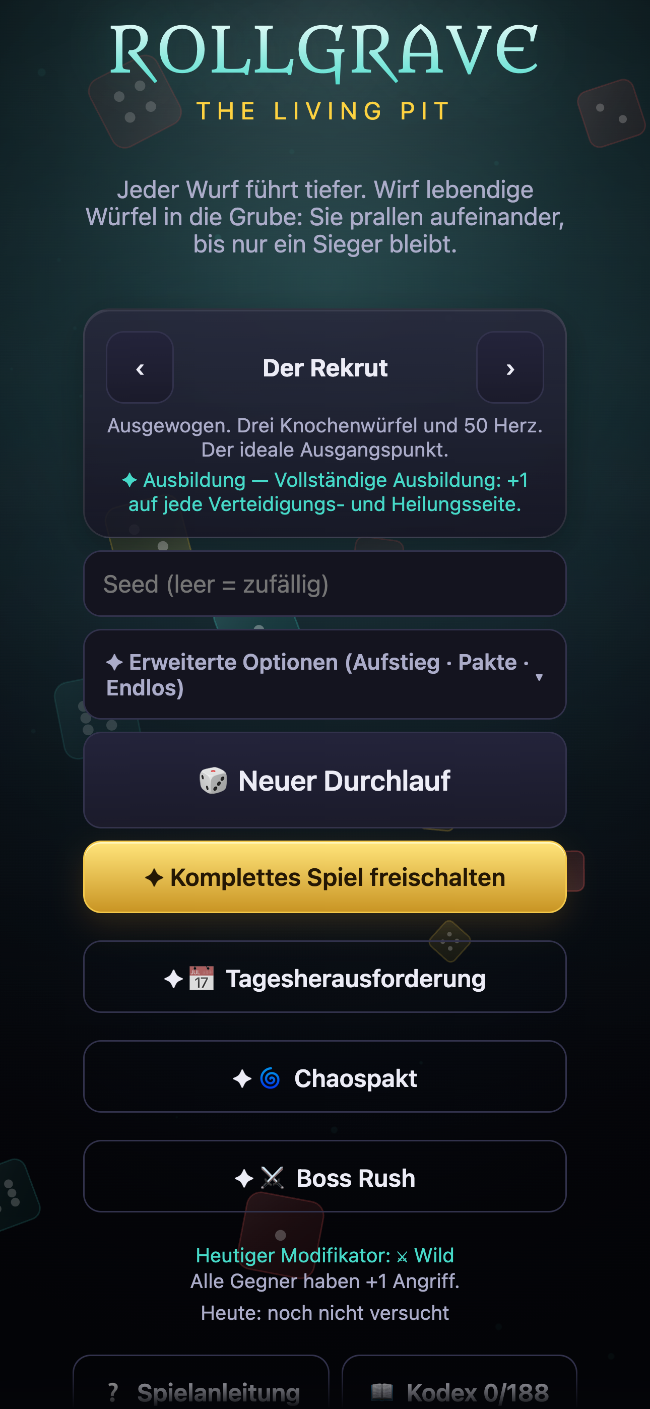 Auswahl des Rekruten und der Spielmodi in Rollgrave